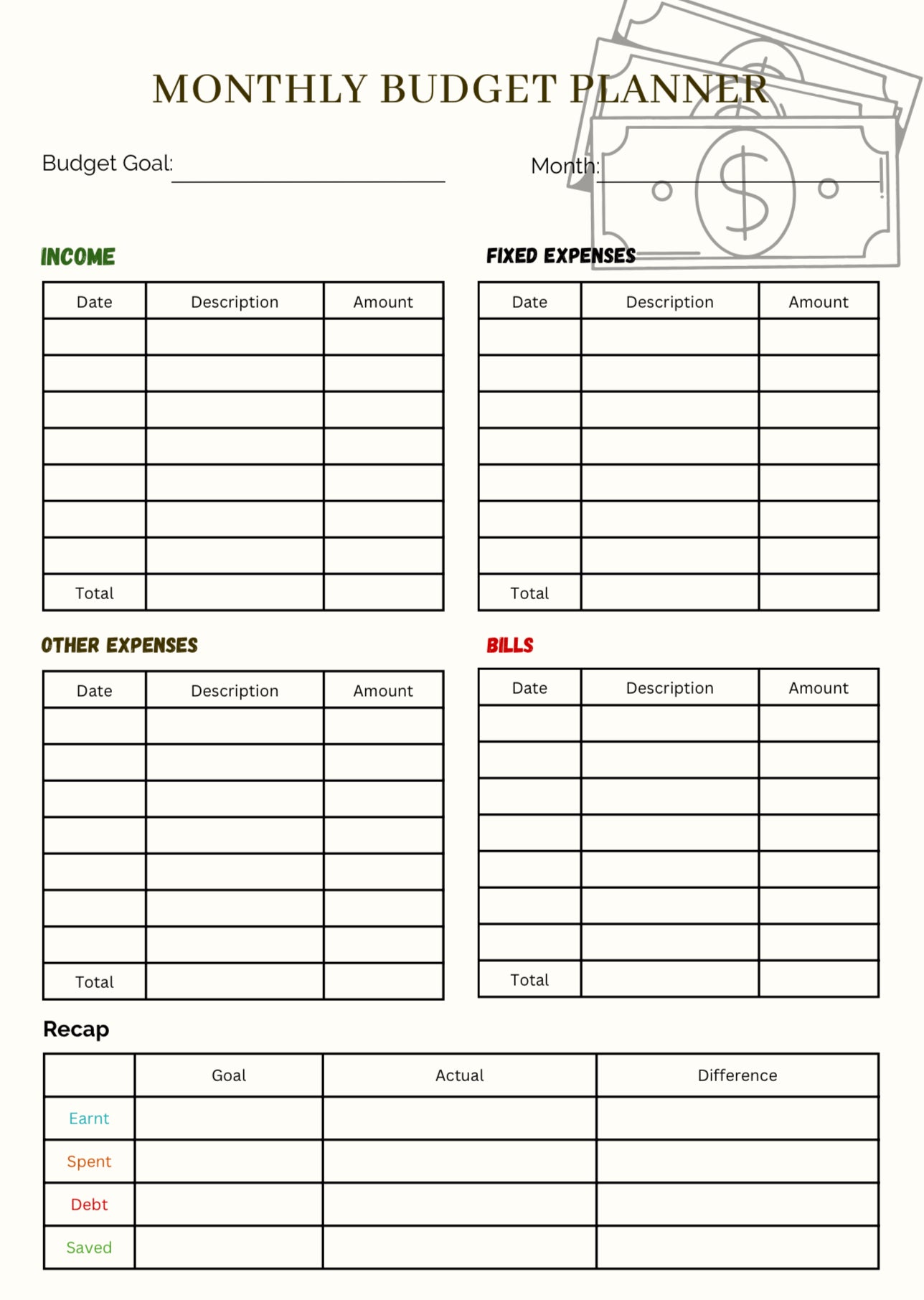 Monthly budget planner